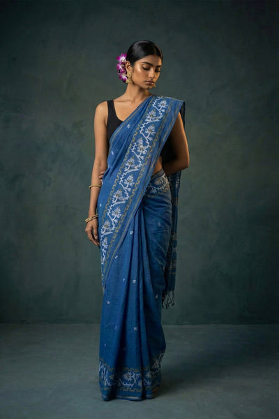 Blue handwoven Jamdani saree