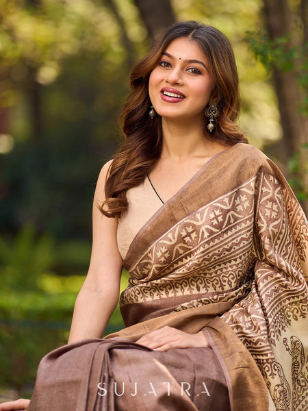 Earthy Pure Tussar Silk Block Print Saree featuring Heritage Prints and Natural Tones