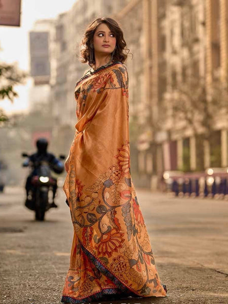 Mustard Tan Blended Silk Saree with Traditional Kalamkari Print