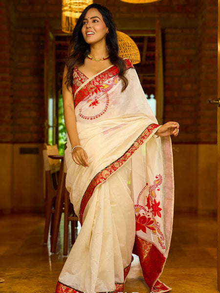 White Chanderi saree with Benarasi border featuring artisanal hand-painted floral motifs
