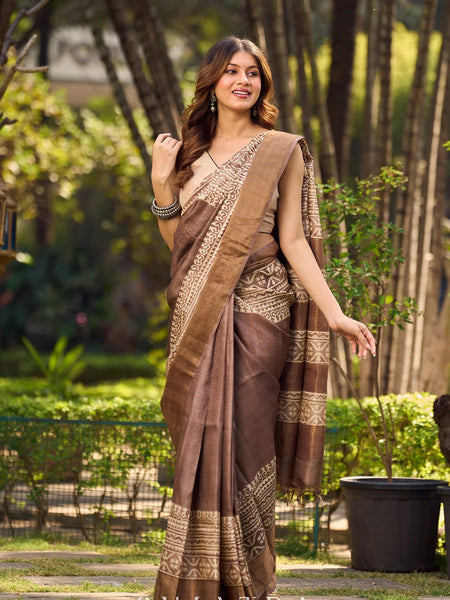 Earthy Pure Tussar Silk Block Print Saree featuring Heritage Prints and Natural Tones
