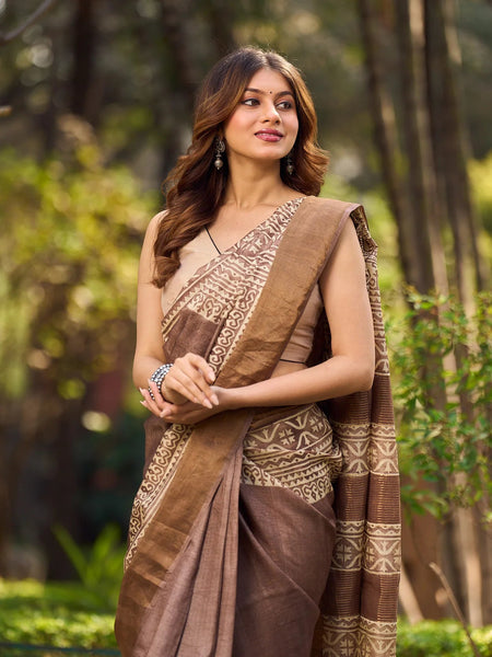 Earthy Pure Tussar Silk Block Print Saree featuring Heritage Prints and Natural Tones