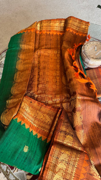 Green and Orange Pure Handloom Raw Gadwal Silk Saree