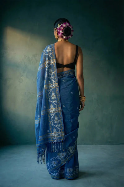 Blue handwoven Jamdani saree