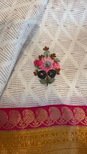 White Soft Silk Saree with French Knots and Kantha Stitch with Zari Border