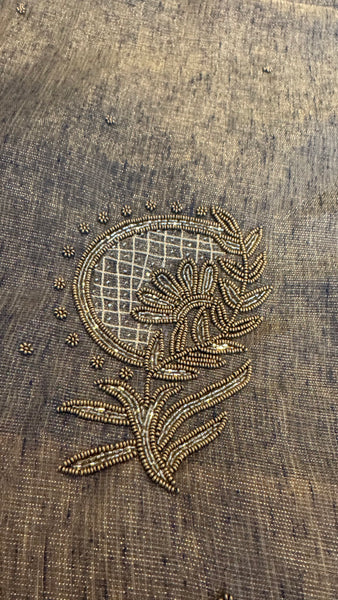 Dual Tone Grey Silver Gold Tone Tissue Linen Saree