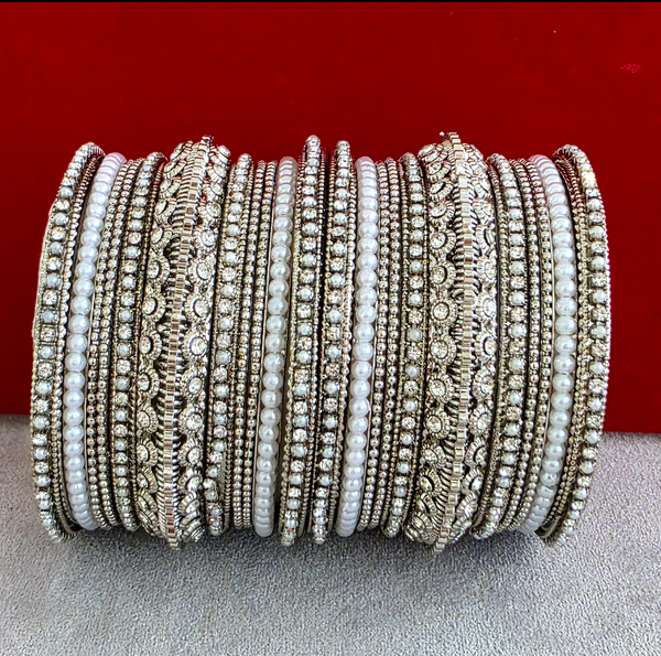 Bollywood Style Indian Stone Pearl Silver Finished Bangles Set