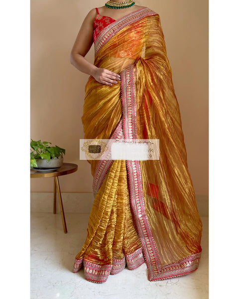 Gold Zari Tissue Saree with Red Border