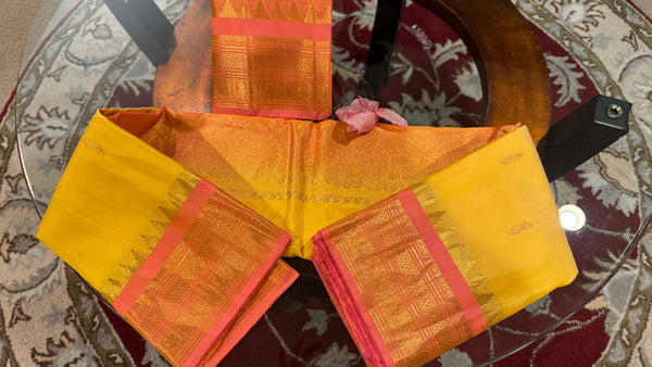 Yellow and Coral Pink Pure Silk Handloom Gadwal Saree