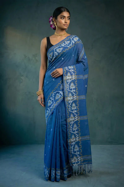 Blue handwoven Jamdani saree