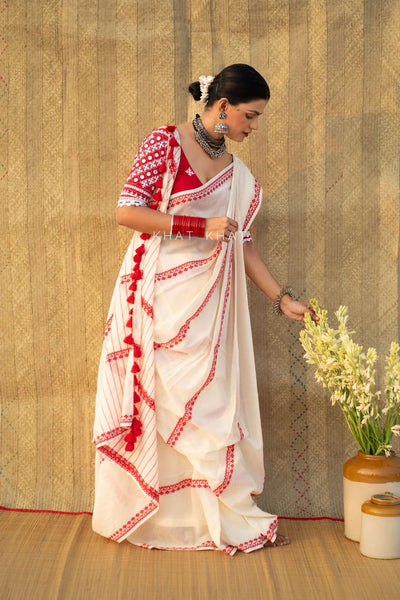 White and Red Woven Handloom Cotton Saree
