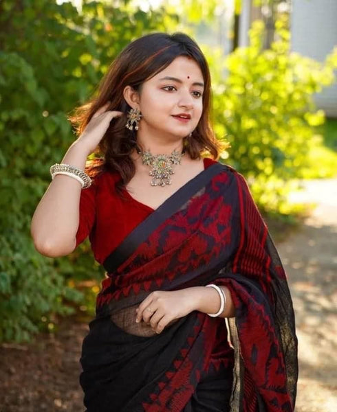 Red and Black Organic Linen Jamdani Saree