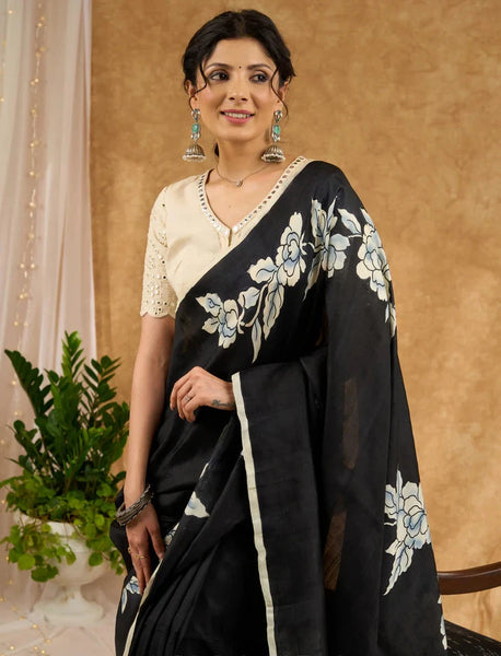 Black Hand Painted Pure Silk Saree With Floral Motifs