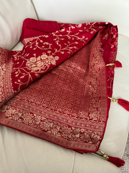 Red and Gold Munga Banarasi Silk Saree