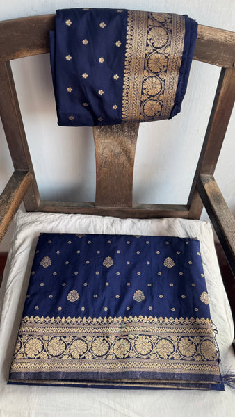 Navy Blue and Gold Pure Tussar Crepe Silk Saree
