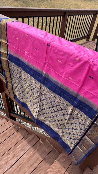 Pink and Navy Blue Soft Silk Saree