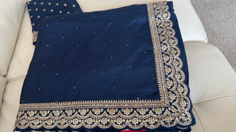 Midnight Blue Tussar Silk Saree with Zardosi Border