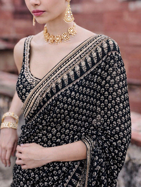 Bollywood Kareena Kapoor Black Chiffon Block Print