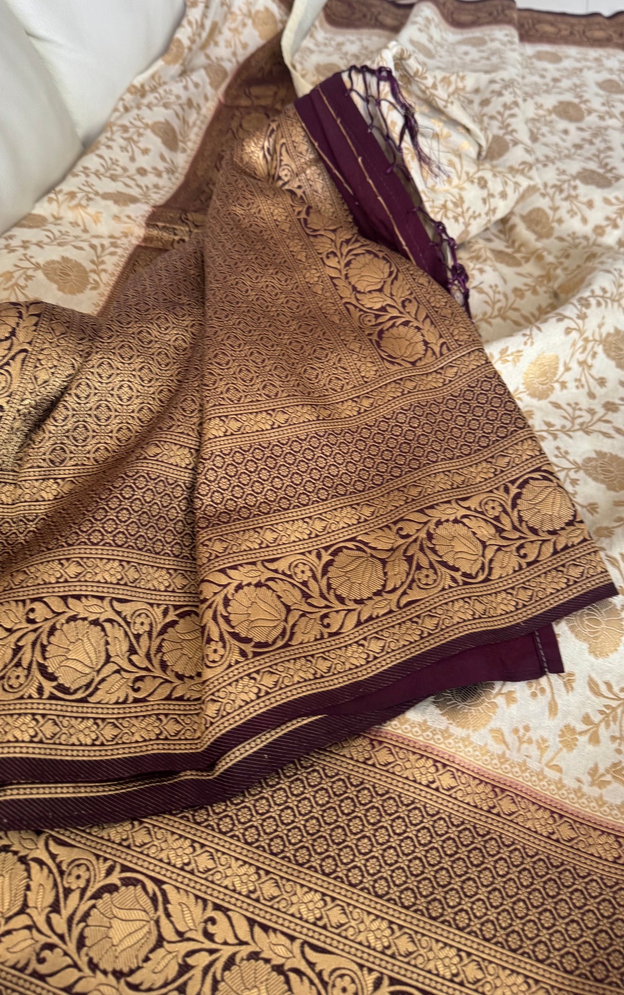 Off White Banarasi Crepe Silk Saree with Deep Purple Border