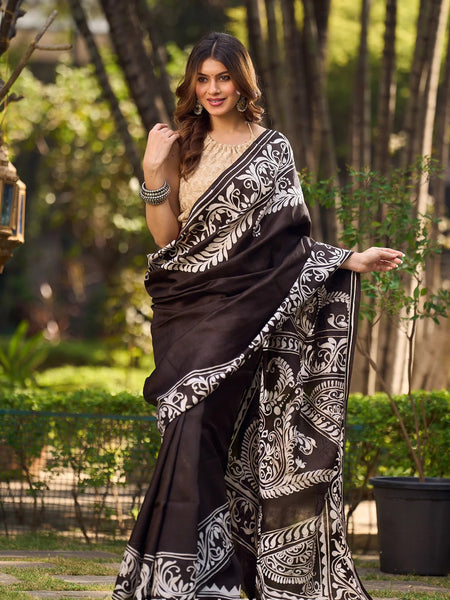 Dark Brown Pure Silk Hand Batik Saree with Bold Prints and Statement Borders