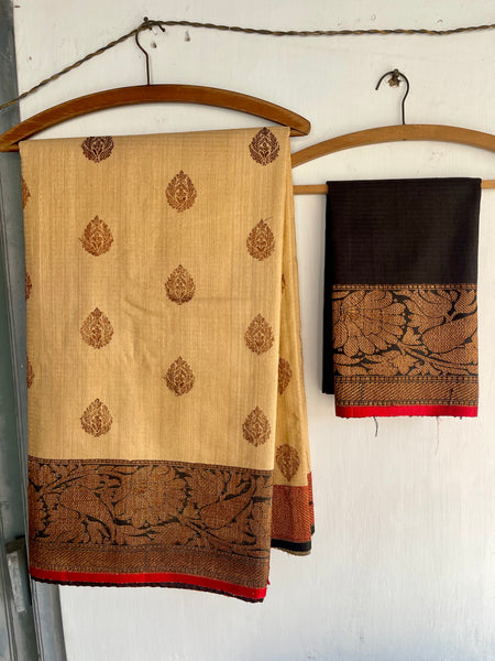 Pure Tussar Silk Saree in Black with Red Piping