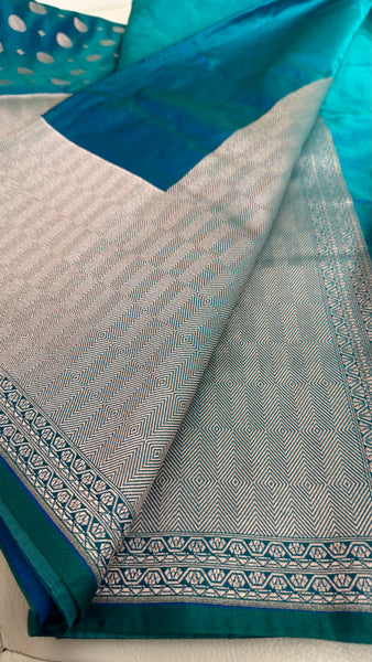 Soft Banarasi Silk Saree Iridescent Peacock Blue With Zari Border