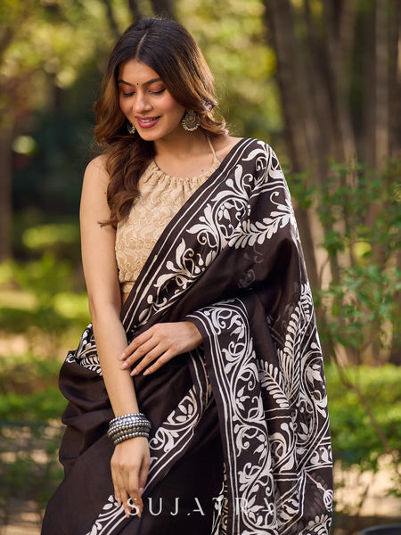 Dark Brown Pure Silk Hand Batik Saree with Bold Prints and Statement Borders