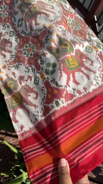 Pure Pochampally Double Weaving Ikat Silk Patola White Red Saree