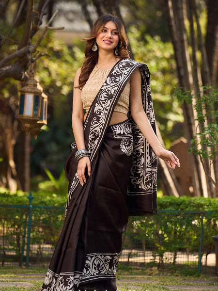 Dark Brown Pure Silk Hand Batik Saree with Bold Prints and Statement Borders