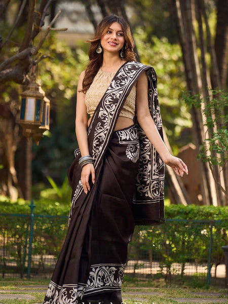 Dark Brown Pure Silk Hand Batik Saree with Bold Prints and Statement Borders