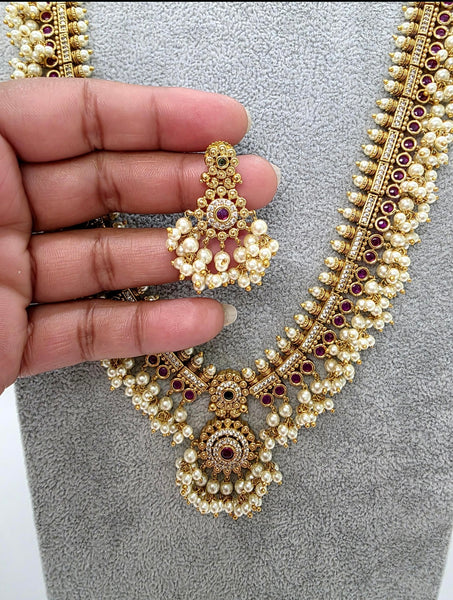 RubyGreen Antique Gold Long Necklace and Earring Set