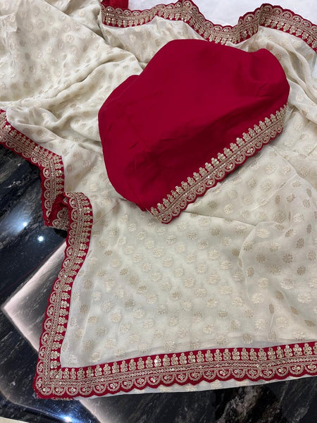 Off-White and Red Georgette Chiffon Zardosi Saree