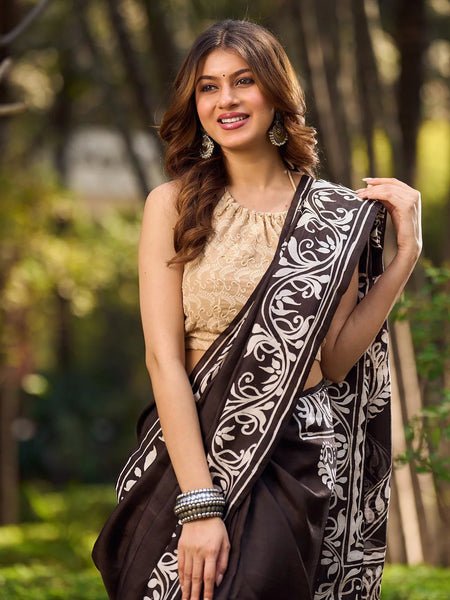 Dark Brown Pure Silk Hand Batik Saree with Bold Prints and Statement Borders
