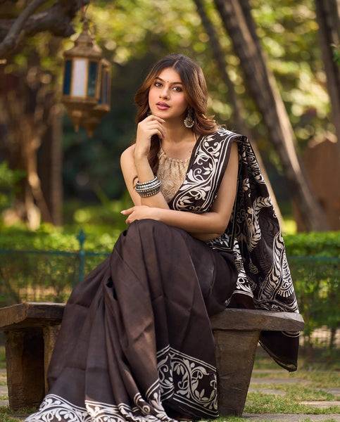 Dark Brown Pure Silk Hand Batik Saree with Bold Prints and Statement Borders