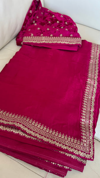 Fuchsia Pink Crepe Silk Saree with Zardosi Border