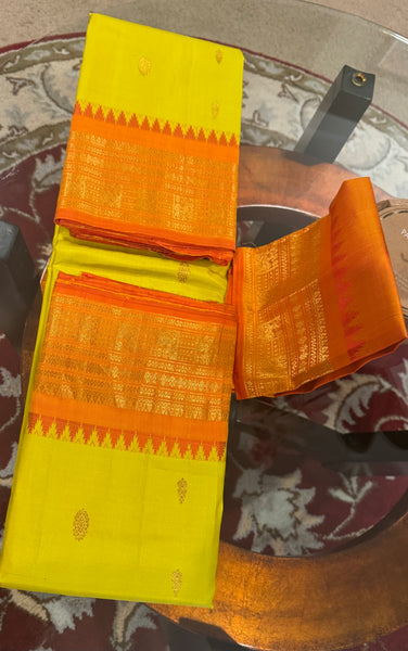 Greenish Yellow and Orange Pure Silk Handloom Gadwal Saree