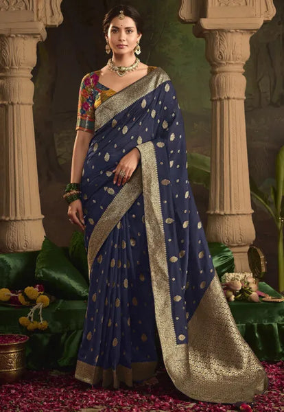 Navy Blue and Gold Pure Tussar Crepe Silk Saree