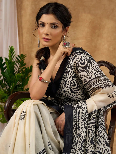 Off White Pure Silk Hand Block Printed Saree