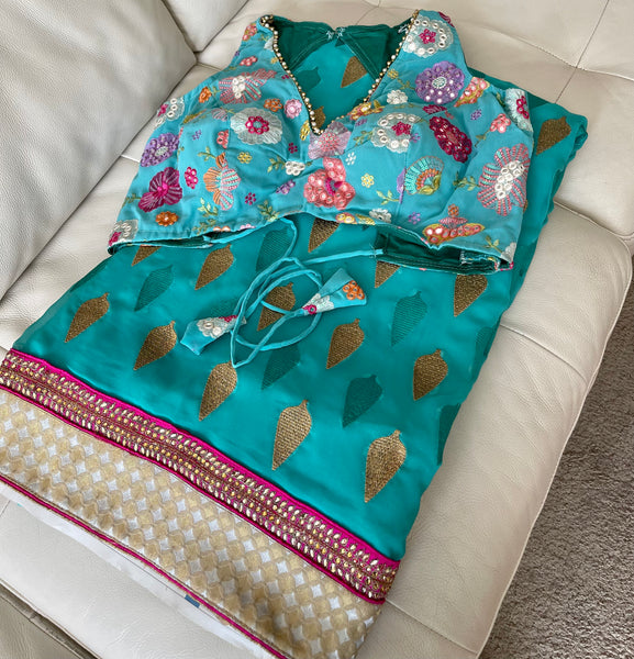 TURQUOISE BLUE GEORGETTE BLOUSE with Blue Georgette Chiffon Saree