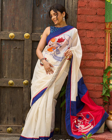 Hand-painted Pichwai inspired elegance on ivory chanderi saree