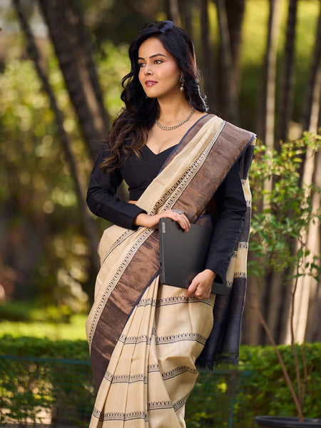 Ivory and Brown Pure Tussar Silk Block Printed Saree Accented with Subtle Stripes and Handcrafted Detailing