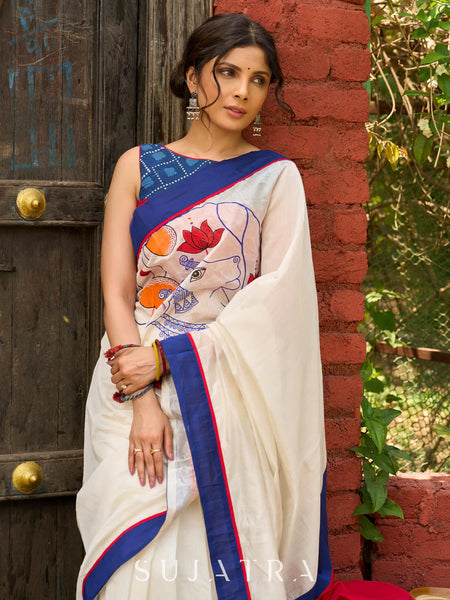 Hand-painted Pichwai inspired elegance on ivory chanderi saree