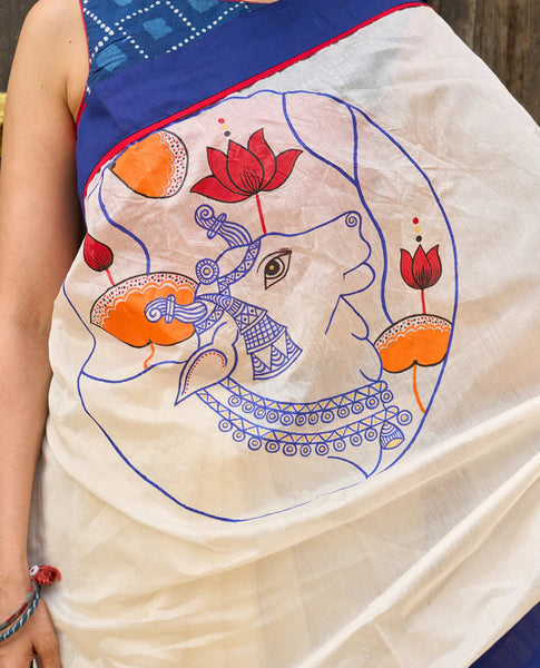 Hand-painted Pichwai inspired elegance on ivory chanderi saree