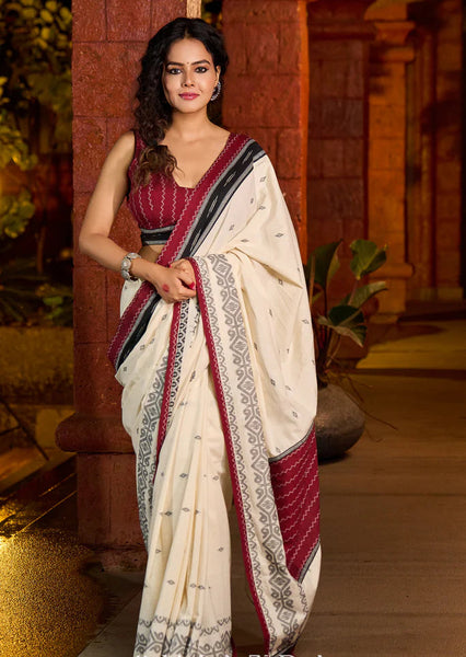 Ivory cotton saree adorned with Jamdani-inspired woven motifs
