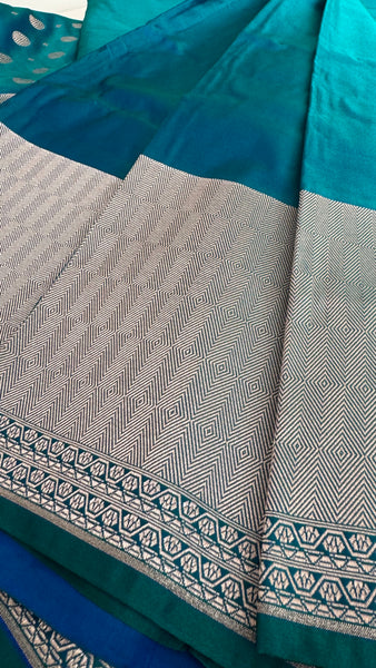 Soft Banarasi Silk Saree Iridescent Peacock Blue With Zari Border