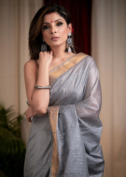 STRIPED, GREY KOTA SILK SAREE
