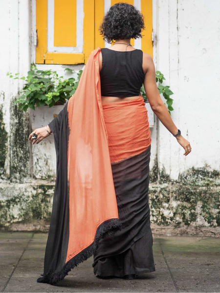 Rust and Black Ombre Mul Mul Cotton Saree with Hand Knots and Color Contrast