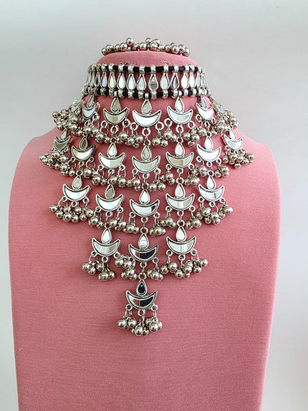 Mirror Oxidized Afghani Necklace and Earring Set