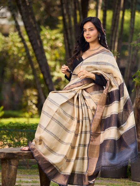 Ivory and Brown Pure Tussar Silk Block Printed Saree Accented with Subtle Stripes and Handcrafted Detailing
