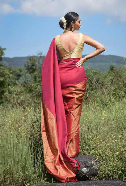 Maroon and gold half-and-half saree with Gota patti and Samosa lace